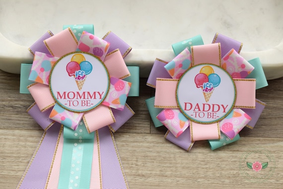 Ice Cream Baby Shower, Lilac Pink Ice Cream Mommy To Be Ribbon Pin, Daddy To Be Pin