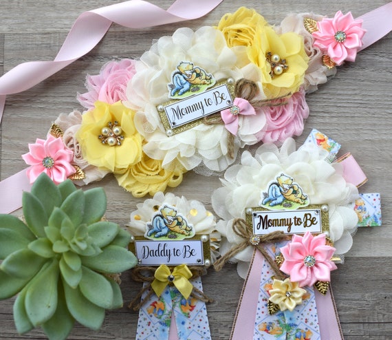 Girl Winnie the Pooh Classic Baby Shower, Pink Yellow Winnie Mommy To Be Pin, Classic Winnie Mommy and Daddy Pin, Custom