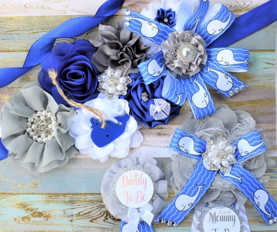 Whale Baby Shower, Royal Gray White Flower Sash, Whale Royal Blue Baby Shower, Boy Grey Blue Shower, Whale Royal Blue Grey Sash, Custom