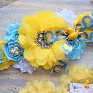 Rubber Duck Baby Shower, Ducky Flower Sash, Mommy To Be Ribbon, Daddy To Be Corsage Pin, Yellow Blue White Duck Baby Shower Sash, Custom image 2