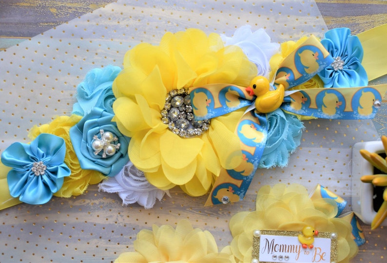 Rubber Duck Baby Shower, Ducky Flower Sash, Mommy To Be Ribbon, Daddy To Be Corsage Pin, Yellow Blue White Duck Baby Shower Sash, Custom image 2