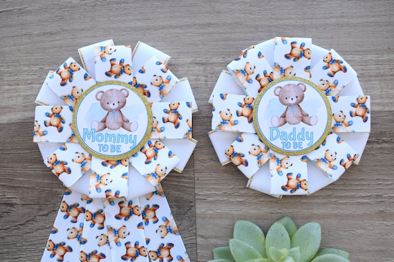 Baby Boy Teddy Bear Baby Shower, Boy Bear Mommy To Be Ribbon Pin, Blue Teddy Bear Daddy To Be Pin, Parent's To Be Pins