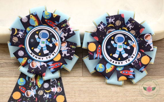 Space Planets Baby Shower, Planet Out of Space Mommy To Be Ribbon Pin, Planets Rocket Daddy To Be Badge Pin, Baby Shower Gift, Gender Reveal