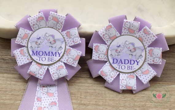 Lavender Elephant Baby Shower, Lavender Elephant Mommy To Be Ribbon Pin, Purple Elephant Daddy To Be Badge Pin