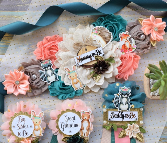 Girl Woodland Baby Shower, Flower Fox Woodland Corsage Pin & Sash Set, Girl Fox Corsage Pin, Woodland Flower Sash, Fox Shower, Woodland Pin