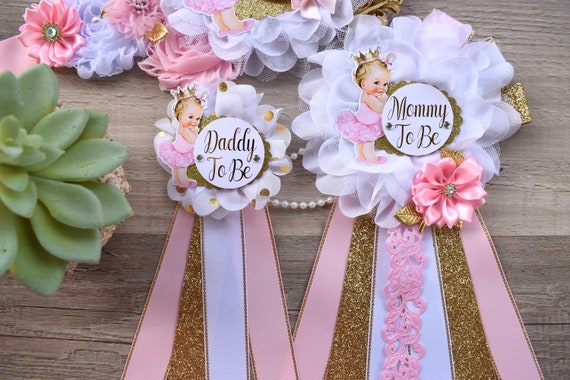 Pink Gold Princess Flower Sash, Pink Gold Maternity Sash, Pink Gold White Pregnant Sash, Mommy and Daddy To Be, Princess Baby Shower, Custom