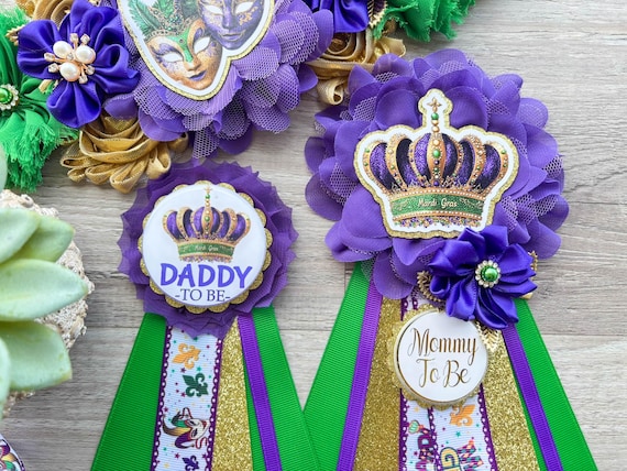 Mardi Gras Baby Shower, Maternity Sash, Mardi Gras Mommy To Be Ribbon, Carnival Daddy To Be Pin, Green Yellow Purple, Custom