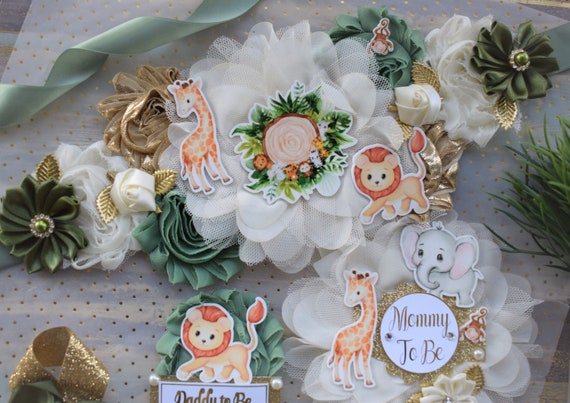 Animal Safari Baby Shower Sash and Pin Set, Jungle Safari Baby Shower, Safari Flower Sash, Sage Green Baby Safari Shower, Custom Order