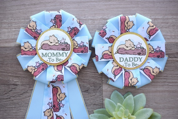 Boy Winnie The Pooh Baby Shower, Blue Winnie the Pooh Mommy To Be Ribbon, Daddy To Be Pin, Winnie the Pooh Family Pins, Parent's To Be Pins