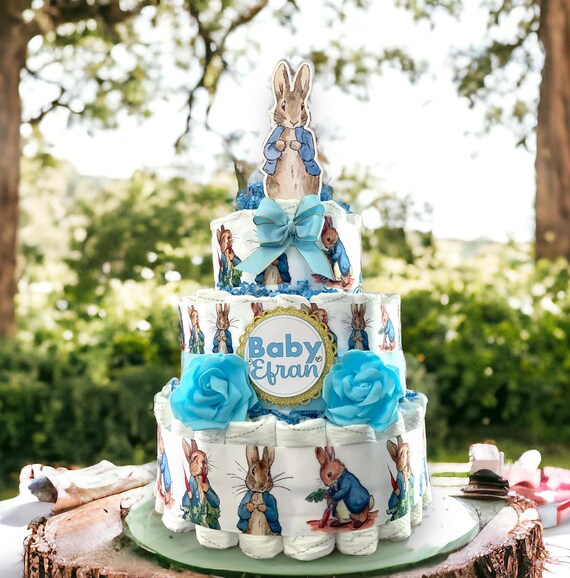 Rabbit Diaper Cake Baby Shower, Diaper Cake Centerpieces Decor, Boy Bunny Carrot Cake, Room Nursery Decor, New Mom Gift II 3 Tier Cake