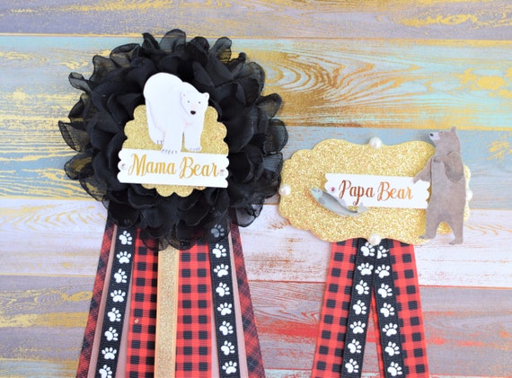 Mama Bear Corsage Pin Set, Mommy Bear Baby Shower, Papa Bear Pin, Lumberjack Mommy and Daddy To Be Corsage, Red Black Buffalo Plaid, Custom