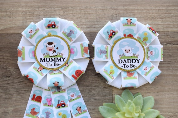 Farm Barn Animal Baby Shower, Cow Sheep Horse Mommy To Be Ribbon Pin, Daddy To Be Ribbon Pin