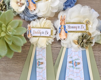 Rabbit Baby Shower, Boy Rabbit Mommy to Be Pin, Blue Green Boy Rabbit Shower, Rabbit Mommy Corsage Pin