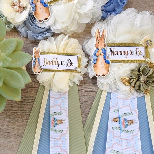 Rabbit Baby Shower, Boy Rabbit Mommy to Be Pin, Blue Green Boy Rabbit Shower, Rabbit Mommy Corsage Pin