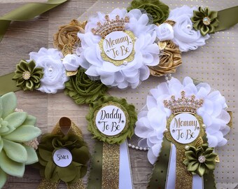 Olive Greenery Maternity Sash, Olive Gold Baby Shower, Green White Gold Belly Sash, Greenery Flower Sash, Baby Shower Maternity Sash, Custom