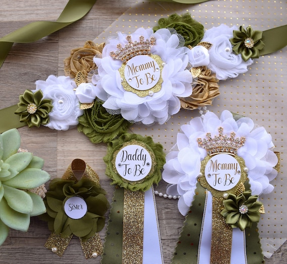 Olive Greenery Maternity Sash, Olive Gold Baby Shower, Green White Gold Belly Sash, Greenery Flower Sash, Baby Shower Maternity Sash, Custom