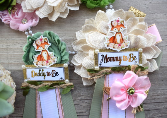 Girl Woodland Baby Shower, Pink Fox Maternity Sash, Girl Woodland Mommy To Be Ribbon, Floral Fox Daddy To Be Pin, Custom