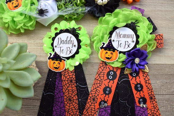 Halloween Baby Shower, Spider Orange Green Purple Black Maternity Sash, Halloween Mommy To Be Pin, Scary Halloween Daddy To Be Pin