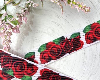 Roses Grosgrain Ribbon, Diaper Cake Ribbon, Red Flower Ribbon || 3 Yards of Ribbon - 1" (25mm)