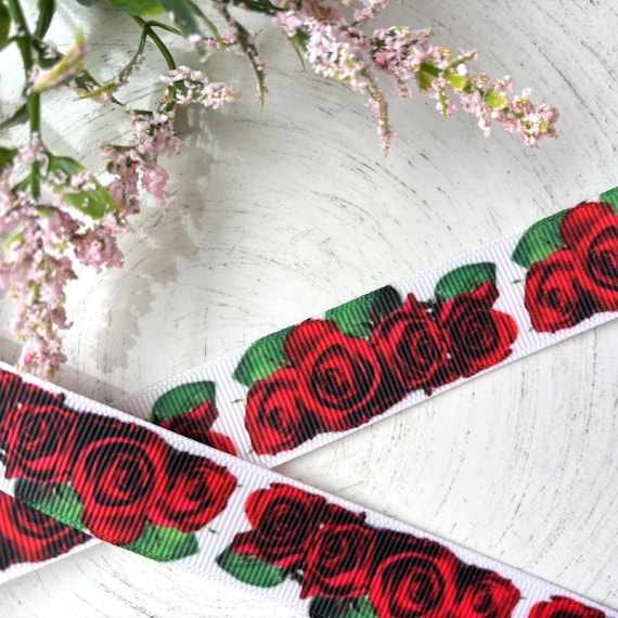 Roses Grosgrain Ribbon, Diaper Cake Ribbon, Red Flower Ribbon || 3 Yards of Ribbon - 1" (25mm)