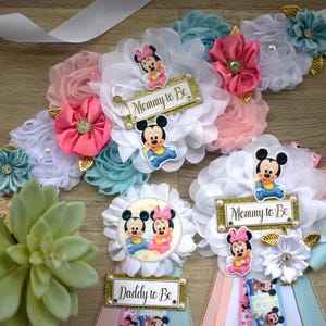 Gender Reveal Mouse Baby Shower, Pink Blue Maternity Sash, Gender Reveal Mommy To Be Pin, Daddy To Be Pin, New Mom Gift