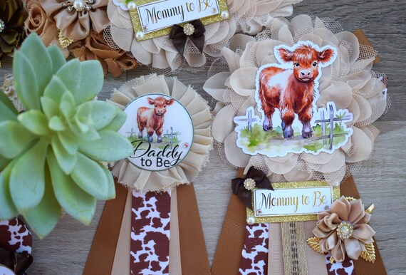 Highland Cow Baby Shower, Rustic Tan Brown Cowboy Maternity Sash, Gender Reveal Highland Mommy To Be, Daddy To Be Pin, Cow Corsage Pin