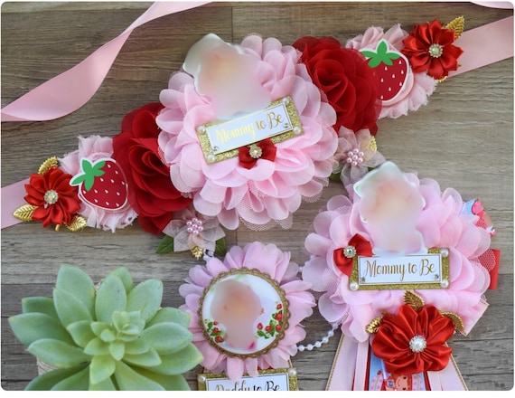 Baby Strawberry Baby Shower, Girl Red Stawberry Maternity Sash, Mommy To Be Ribbon Pin, Daddy To Be Pin, Fruit Baby Shower, Custom