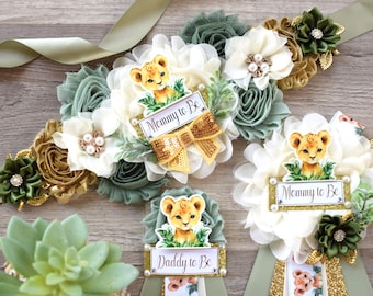 Lion Safari Baby Shower, Sage Safari Maternity Sash, Cub Lion Mommy To Be Ribbon Pin, Jungle Daddy To Be Ribbon, Baby shower Gift - S0001