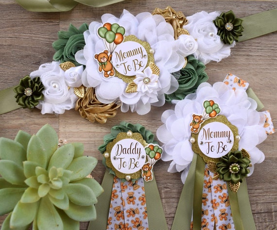 Bear Greenery Baby Shower, Bear Green White Gold Belly Sash, Bear Greenery Mommy To Be & Daddy To Be, Greenery Baby Shower Maternity Sash