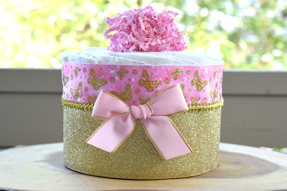 Pink Butterfly Mini Diaper Cake Baby Shower, Baby Shower Centerpieces Decorations, Girls Room Nursery Decor, New Mom Gifts, Baby Shower Gift