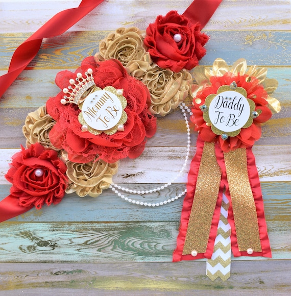 Royal Red Gold Prince Flower Sash, Red Gold Maternity Sash, Royal Gold Pregnant Sash, Mommy & Daddy To Be, Red Prince Baby Shower, Custom