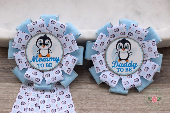 Blue Penguin Baby Shower, Blue Penguin Mommy To Be Corsage Pin, Penguin Daddy To Be Pin, Boy Penguin