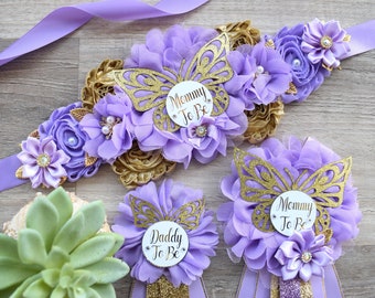 Lavender Butterfly Baby Shower, Butterfly Maternity Belly Sash, Gold Butterfly Mommy To Be Ribbon, Lilac Butterfly Daddy To Be Pin, Custom