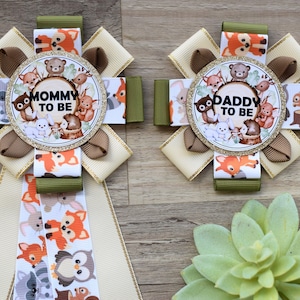 Neutral Animal Woodland Baby Shower, Fox Woodland Mommy To Be Corsage Pin, Woodland Daddy To Be Pin, Woodland Animal Shower