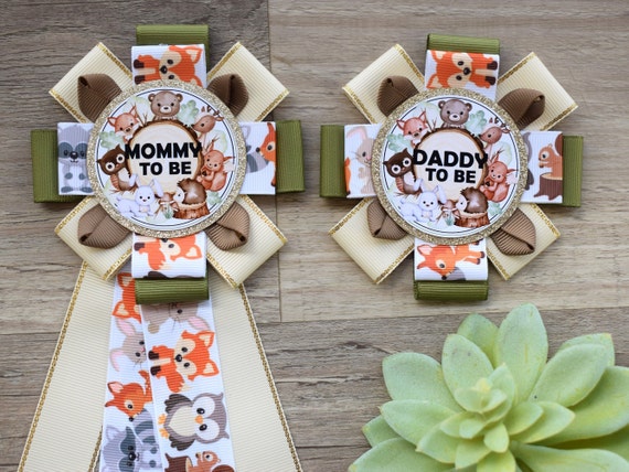 Neutral Animal Woodland Baby Shower, Fox Woodland Mommy To Be Corsage Pin, Woodland Daddy To Be Pin, Woodland Animal Shower