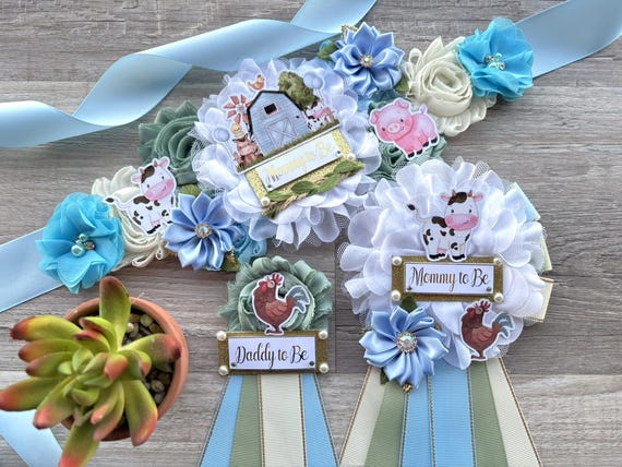 Farm Animal Boy Baby Shower, Barn Animal Maternity Sash, Cow Sheep Mommy To Be Ribbon Pin, Farm Daddy To Be Pin, Baby Shower Gift, Custom
