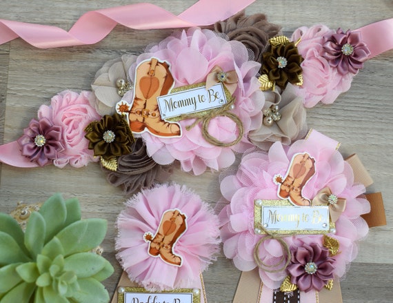 Pink Cowboy Baby Shower, Pink Brown Cowboy Maternity Sash, Gender Reveal Cowboy Mommy To Be Ribbon, Daddy To Be Pin, Boot Hat Corsage Pin