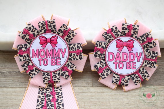 Cheetah Baby Shower, Hot Pink Mommy To Be Corsage Pin, Daddy To Be Badge Pin, Baby Shower Pins