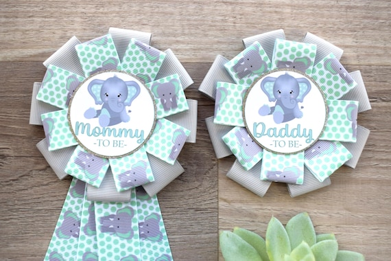 Mint Elephant Baby Shower, Baby Mint White Grey Elephant Mommy To Be Ribbon Pin, Elephant Daddy to Be Badge Pin