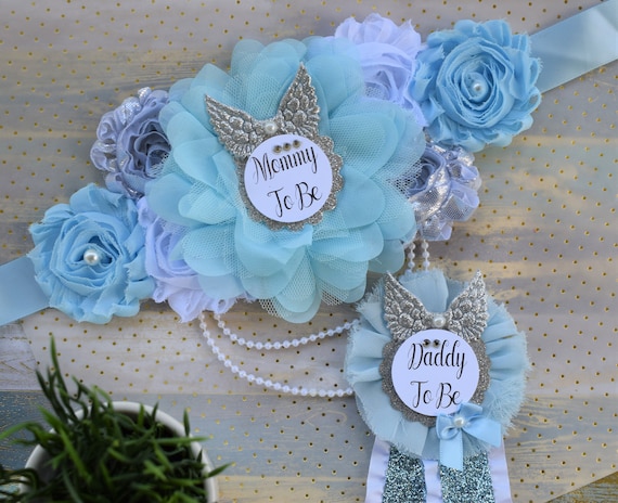 Boy Heaven Sent Baby Shower, Blue Silver Flower Sash, Blue Maternity Sash, Angel Wings Mommy and Daddy To Be, Heaven Sent Baby, Custom