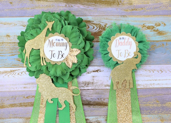 Safari Green Gold Flower Sash, Gold Safari Animals, Greenery Gold Maternity Sash, Jungle Safari Green Gold Baby Shower, Mommy pin, Daddy pin