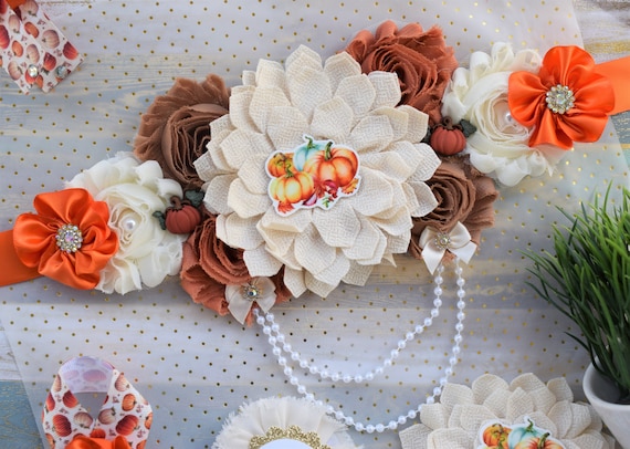 Neutral Pumpkin Baby Shower, Ivory Orange Beige Maternity Sash, Gold Cream Flower Belly Sash, Beige Pumpkin Fall Flower Belly Sash, Custom