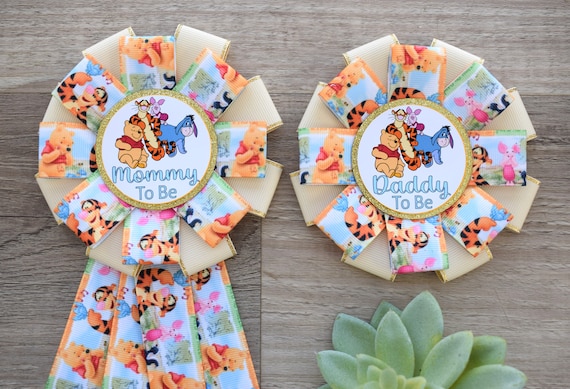 Neutral Winnie Baby Shower, Winnie the Pooh Mommy To Be Ribbon, Winnie Daddy To Be Pin, Winnie the Pooh Family Pins, Parent's To Be Pins