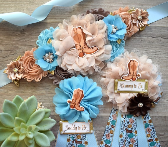 Blue Cowboy Baby Shower, Blue Cowboy Maternity Sash, Boy Cowboy Mommy and Daddy To Be Pin, Blue Brown Flower Sash, Blue Boot Hat Corsage Pin