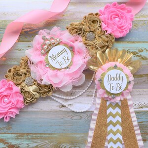 Pink Gold Princess Flower Sash, Pink Gold Maternity Sash, Pink Gold Pregnant Sash, Mommy and Daddy To Be, Pink Princess Baby Shower, Customv