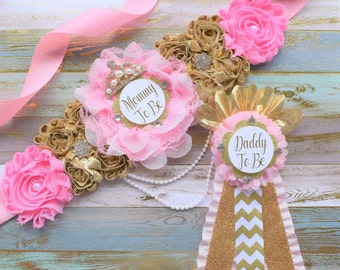 Pink Gold Princess Flower Sash, Pink Gold Maternity Sash, Pink Gold Pregnant Sash, Mommy and Daddy To Be, Pink Princess Baby Shower, Customv