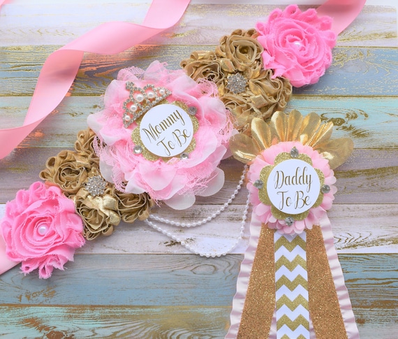 Pink Gold Princess Flower Sash, Pink Gold Maternity Sash, Pink Gold Pregnant Sash, Mommy and Daddy To Be, Pink Princess Baby Shower, Customv
