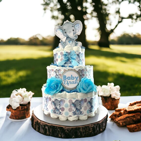 Boy Elephant Diaper Cake Baby Shower, Boy Blue Elephant Diaper Cake Centerpieces Decor, Nursery Decor, New Mom Gifts II 3 Tier Diaper Cake