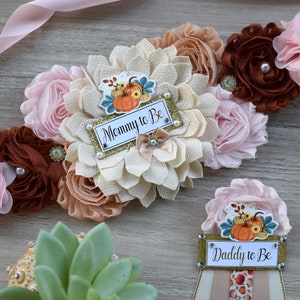 Girl Pumpkin Baby Shower, Ivory Pink Maternity Sash, Gold Pink Cream Flower Belly Sash, Pumpkin Flower Sash, Fall Belly Sash, Custom