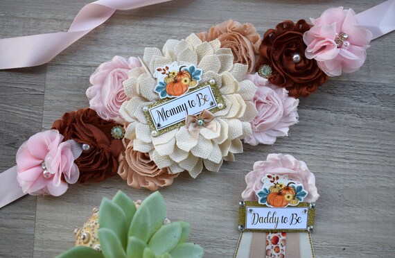 Girl Pumpkin Baby Shower, Ivory Pink Maternity Sash, Gold Pink Cream Flower Belly Sash, Pumpkin Flower Sash, Fall Belly Sash, Custom